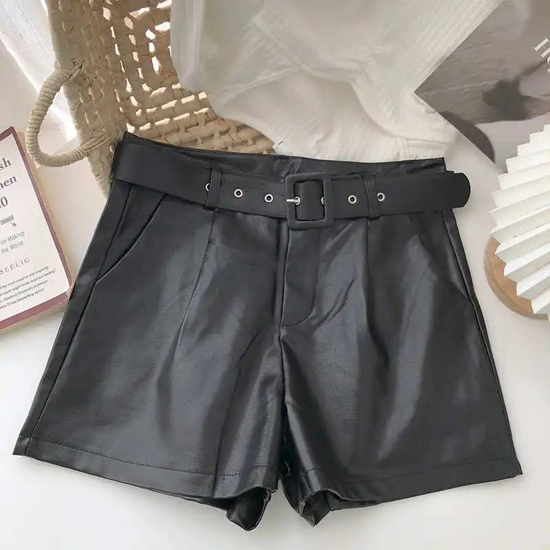 Autumn Winter Korean Wide-Leg Faux Leather Shorts Women With Belt Casual Female Bike Shorts PU Leather High Waist Shorts C7875 nike pro shorts Shorts