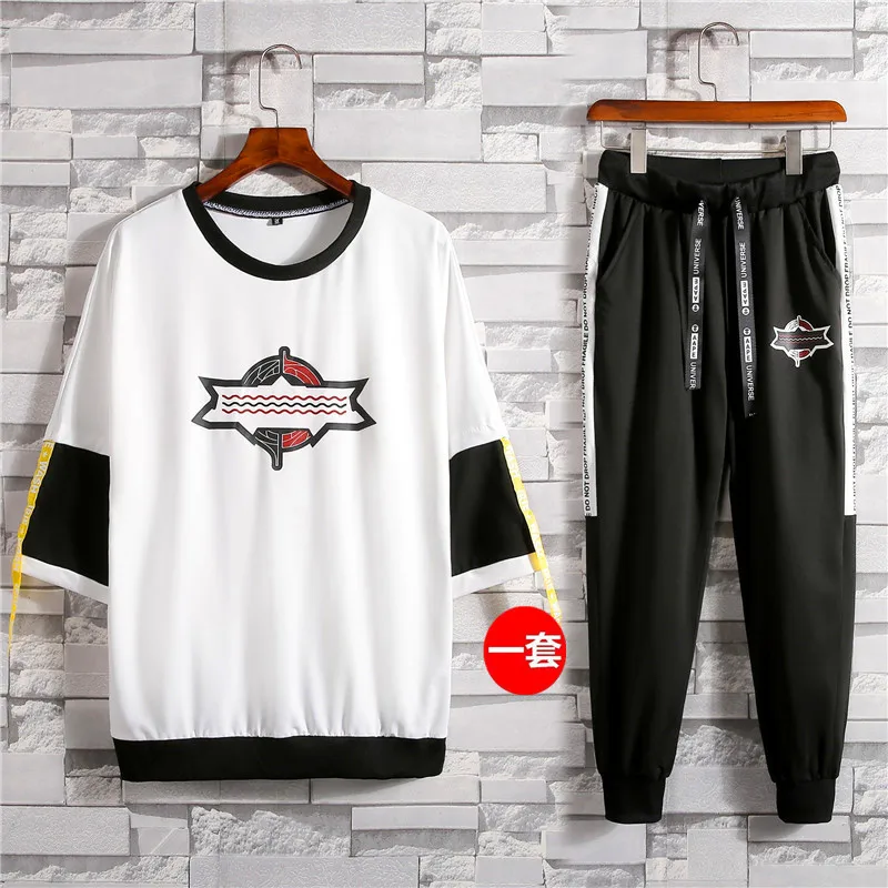 

Summer Two-Piece Set MEN'S Short-sleeved T-shirt Webbing Students Korean-style Trend Casual Shorts a Set of Clothes Men'S Wear T