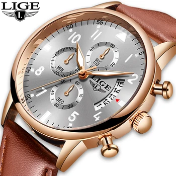 

LIGE Fashion gold Mens Watch Leather Analog Quartz watches Men 30M Waterproof Sport Chronograph Date Male Clock montre homme