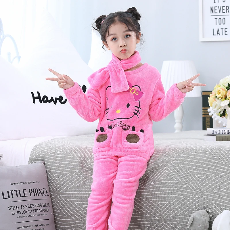 style 15 Повседневная домашняя одежда для девочек и мальчиков; Зимние Детские флисовые пижамы; теплая фланелевая одежда для сна; домашняя одежда; Детские Топы+ брюки+ шарф; комплект из 3 предметов - Цвет: style 15