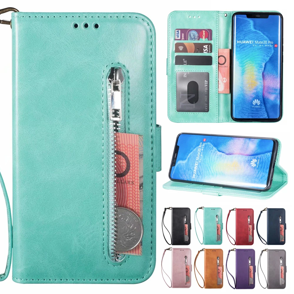 

For Huawei P20 P30 Pro Lite Mate 20 10 Pro Magnetic Zipper PU Leather Flip Wallet Card Slot Stand Shockproof Case Cover