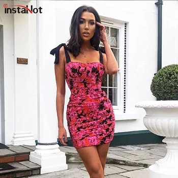 

InstaHot Floral Printed Dress Elegant Slim Mini Party Casual Summer Dress 2020 Fashion Ladies Sleeveless Lace Up Dresses