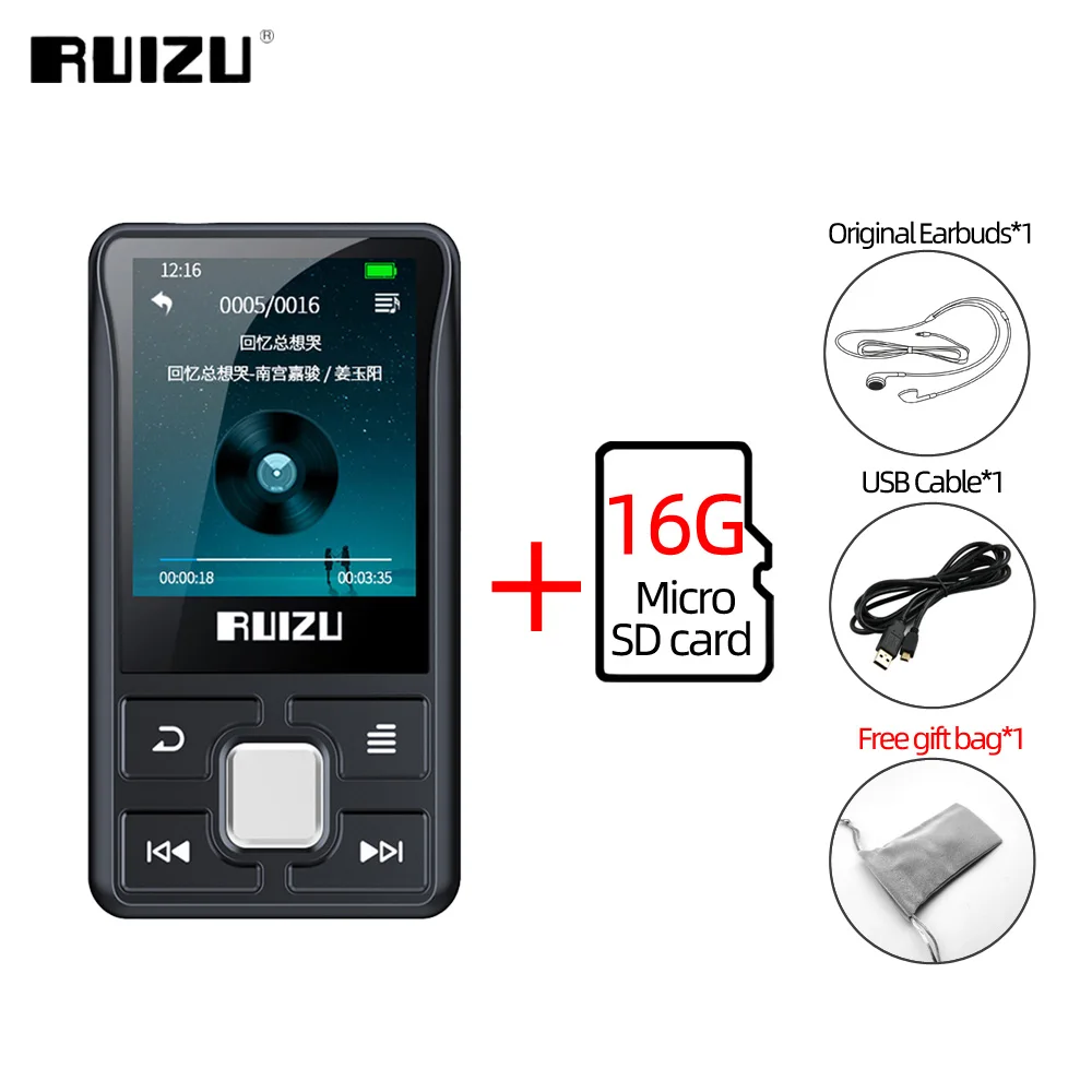 RUIZU X55 Клип Спорт Bluetooth MP3 плеер 8 Гб мини с экраном Поддержка TF карты, FM, запись, электронная книга, часы, шагомер музыкальный плеер - Цвет: With 16GB TF Card