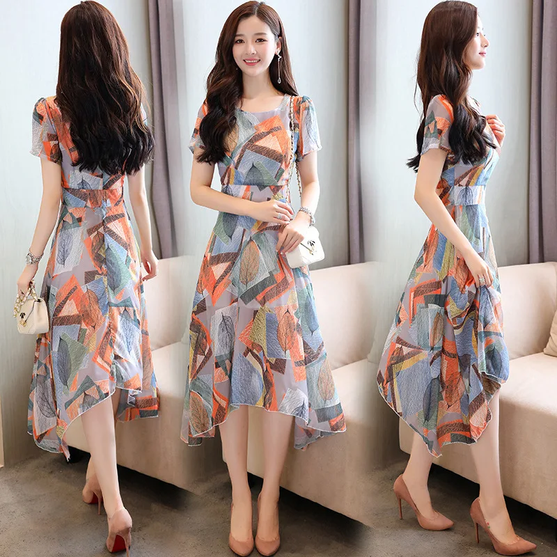 

Run the Amount of 2019 Summer Wear New Style Korean-style Slim Fit Slimming Irregular Medium-length Dress Slimming Fashion Flora