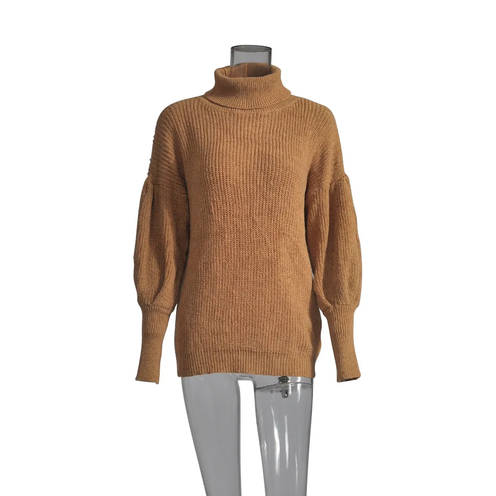 Женский свитер, Повседневный, с высоким воротником, с рукавами-фонариками, Женский пуловер, теплый и мягкий, весна, осень, зима, вязаный, хлопок