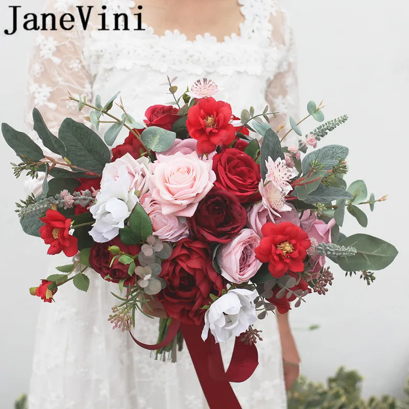 JaneVini розовые и красные цветы невесты букеты Искусственные романтические шелковые розы букет подружки невесты держатель Свадебные аксессуары