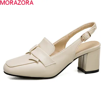 

MORAZORA Women pumps 2020 summer black white color party shoes pu leather square heels buckle ladies shoes big size 33-52