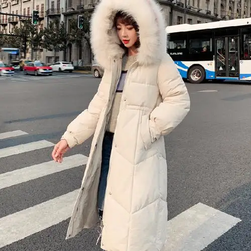 Big Fur Winter Coat Thickened Parka Women Stitching Slim Long Winter Coat Down Cotton Ladies Down Parka Down Jacket Women - Цвет: Бежевый