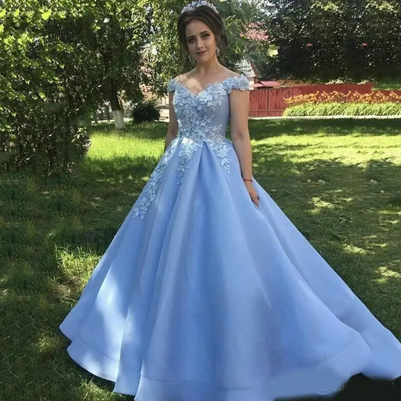 Fengyudress синий светильник с открытыми плечами А-силуэт бальные платья аппликации 3D Цветы без рукавов плиссированные милые 16 платья для выпускного вечера
