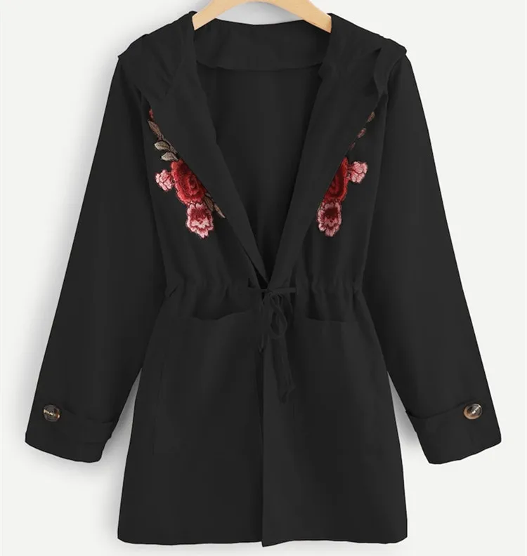 Весна, европейский и американский AliExpress, стиль, с капюшоном, отложной воротник, Цветочные наклейки, Тренч для женщин