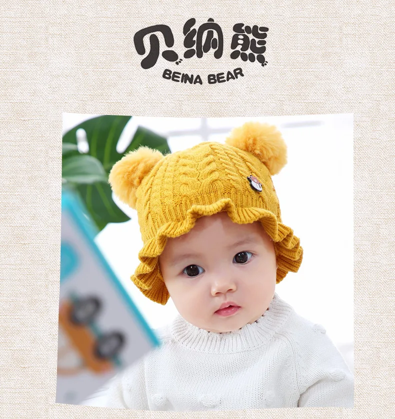 Baby 6 Colors Knitted Winter Hat with Ears Cartoon Lace-up Children Bonnet Cap for 1-3 Years Kids Hat New Winter Warm Pompom Hat