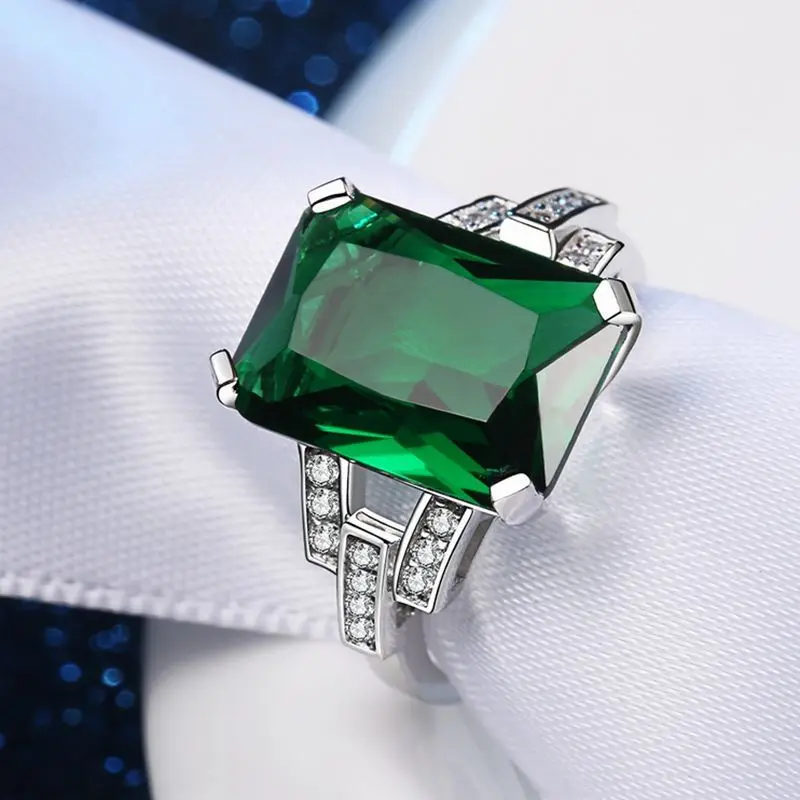 Emerald Gemstone Ring Silver Ring Cellacity Vintage Emerald Ring for Women Silver 925 Big Green Gemstone Finger Jewelry Anniversary Gift Size 6-10
