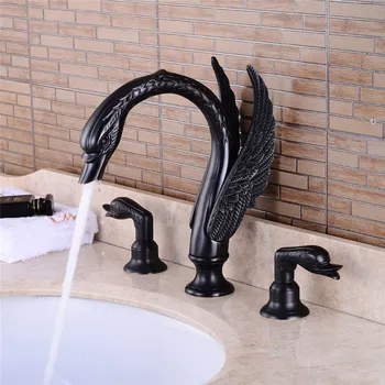 Price Bathroom Faucet Swan Spout Widespread Sink Mixer Tap Golden Brass 3 Holes Black Oil Brushed Basin Faucet Water Tap