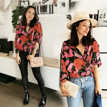 

Flowers Print Women Silk Blouse Turn-down Collar Single-breasted Lady Soft Shirt Female Sweet Blouses And Tops