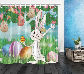 

Colorful Eggs Rabbit Happy Easter Waterproof Fabric Shower Curtain Liner