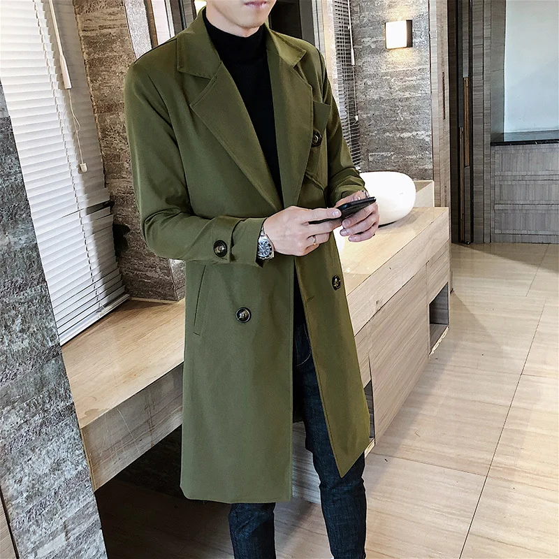 

Autumn Joker Solid Color Lapel Windbreaker Male Loose Overcoat Loose Coat Overcoat Double Brested Long Jacket Slim Fit Green