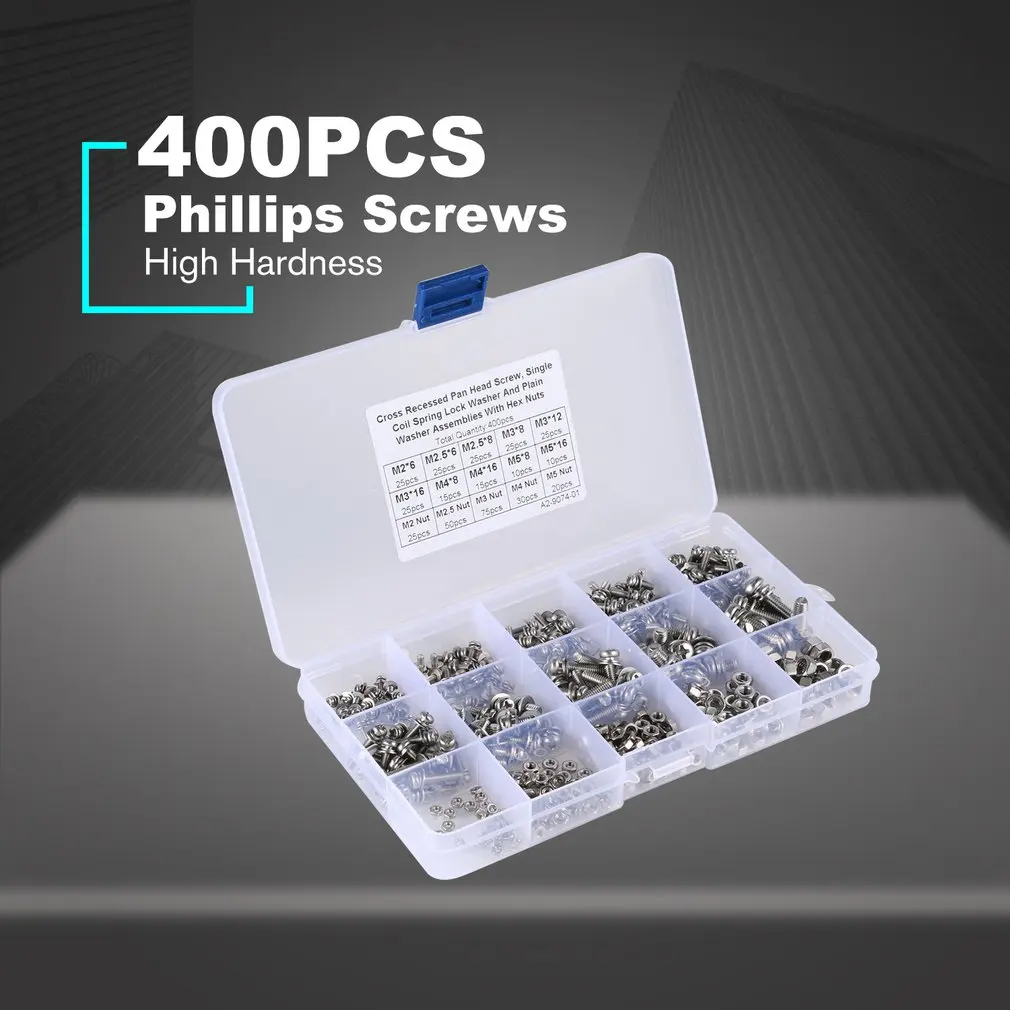 400 шт. шурупы Phillips с крестообразной головкой из нержавеющей стали, набор винтов и гаек M2/2,5/3/4/5