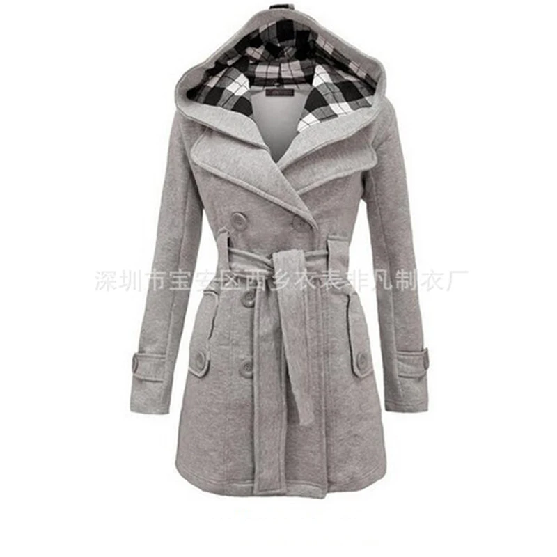 Light Grey Весенне-осеннее клетчатое шерстяное кашемировое пальто с карманами средней длины, черные, верблюжьи куртки с поясом и отложным воротником, двубортное красное пальто - Цвет: Light Grey