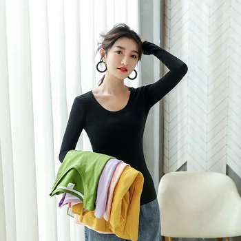 

Ladies round neck cotton long-sleeved shirt solid color slim bottoming shirt