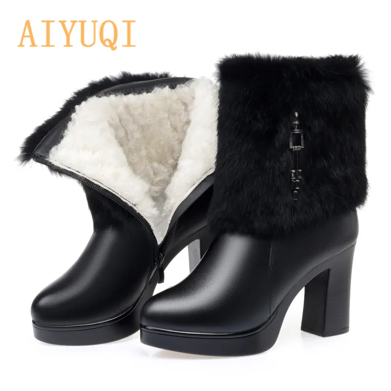 AIYUQI; женские ботильоны; Сезон Зима; натуральная кожа; мех кролика; модная новинка; пикантная теплая шерстяная обувь на высоком каблуке; женские ботинки