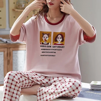 

OEAK New Summer Cotton Pajamas Set Women Sweet Cartoon Short-Sleeve T-shirt+ Long Pants Two-piece Suit Fashion Home Clothing