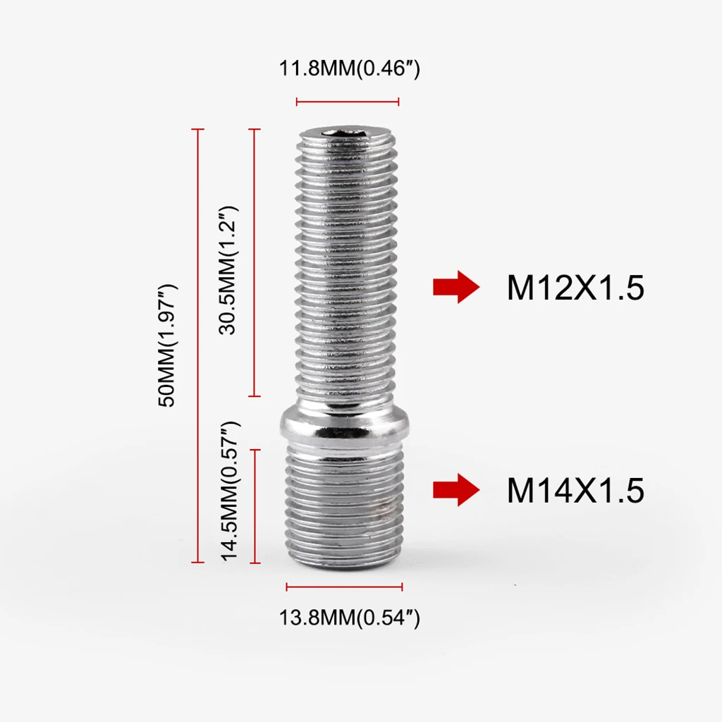 20pcs Extended Wheel Stud Conversion M14x1.5 to M12x1.5 Shank Length 50mm