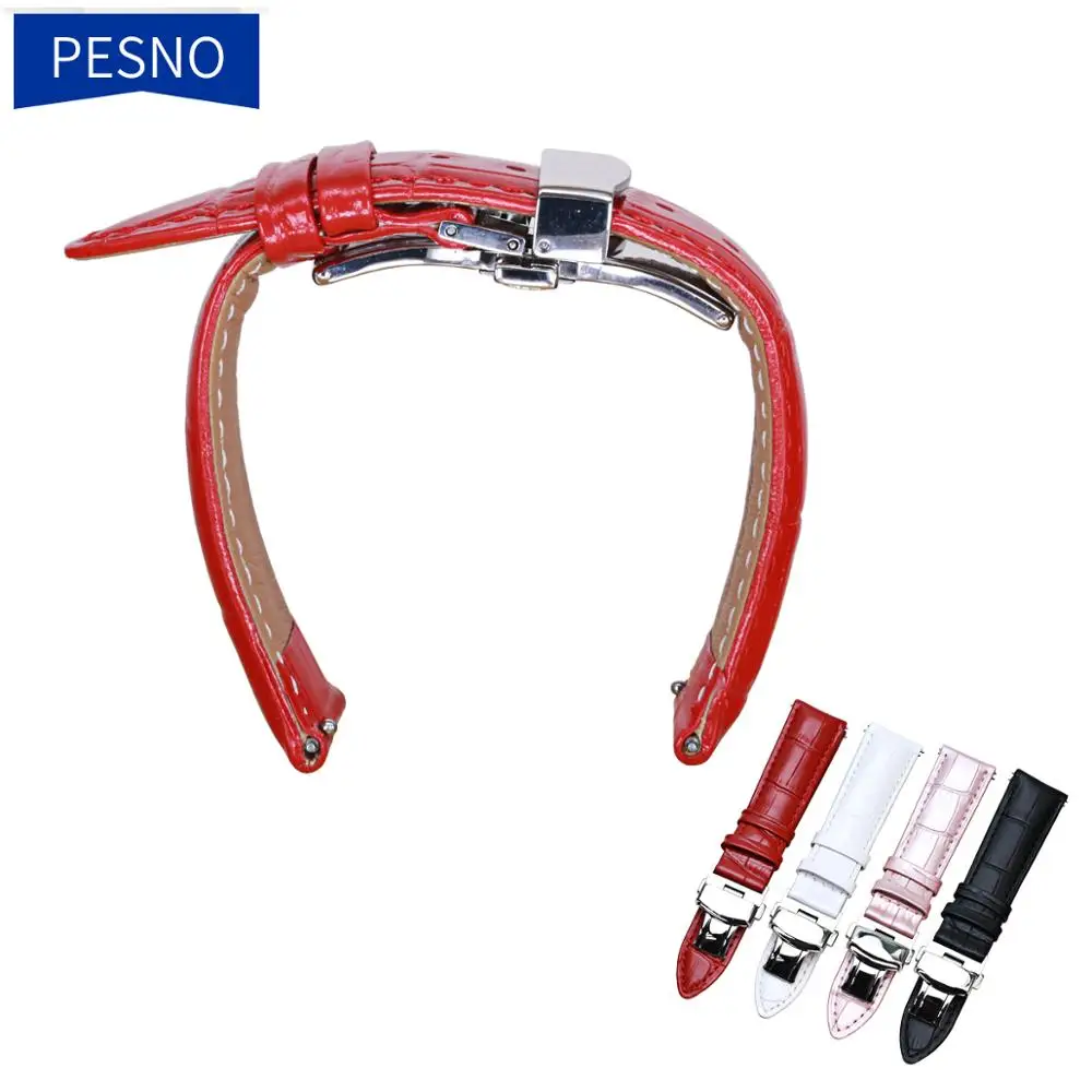 PESNO 12-22mm Bright High Quality Red White Black Pearl Pink Calf Skin Leather Watch Straps Women Geuniue Bands | Наручные часы