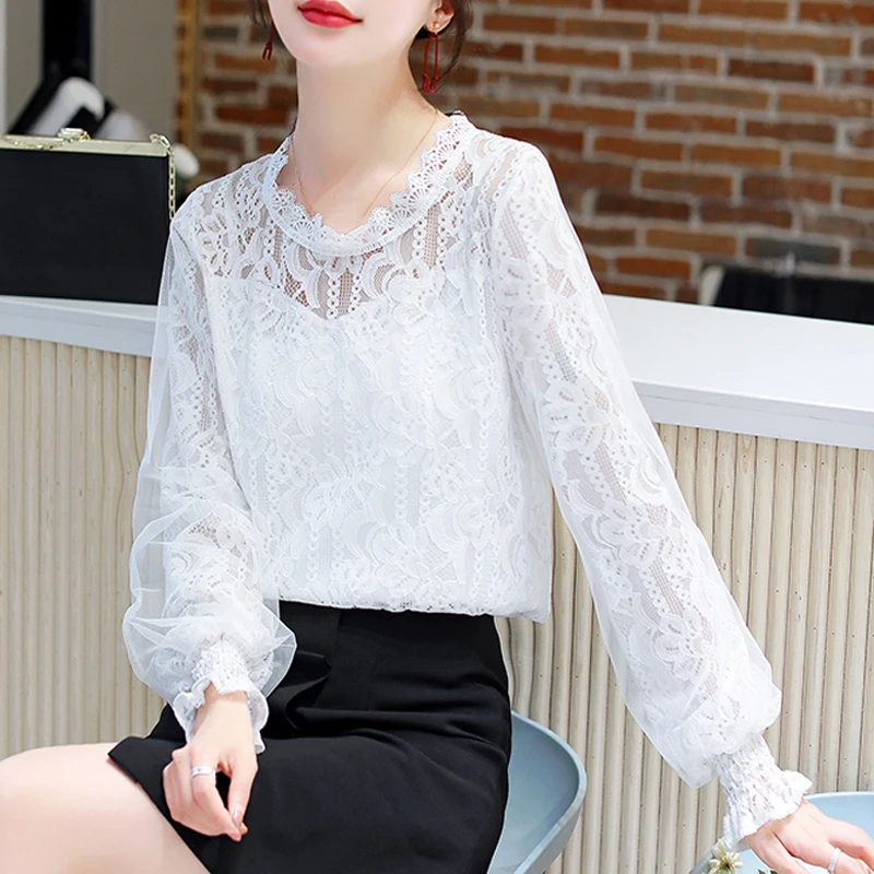 Sexy New Korean blusas mujer de moda Spring 2020 Lantern Long sleeves White Lace Blouses Shirt Top O Neck Women's Tops 621J |