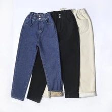Зимние женские флисовые джинсы с эластичным поясом Джинсы для женщин в стиле бойфренд деним свободные джинсы гаремпант брюки размера плюс 5XL WJ115