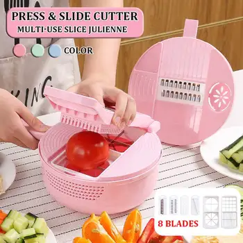 

8 In 1 Food Fruit Slicer Multifunctional Vegetable Press Slide Cutter Slicer Chopper Peeler Container Kitchen Tool