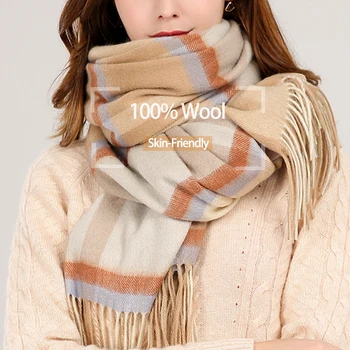 

Winter 100% Sheep Wool Scarf Women Plaid Tassel Scarves Lattice Long Shawl and Wraps for Ladies Warm Echarpe Wraps Soft Pashmina