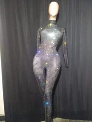 Sexy AB Rhinestone Women long sleeve Jumpsuit Party Tight Fitting Black Rompers Singer Dancer nightClub stage designer clothes