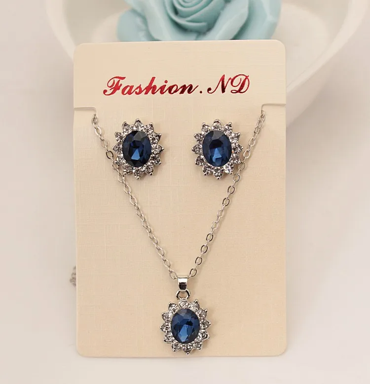 

AliExpress Accessories Hot Selling Supply of Goods Micro Pave Sapphire Royal Princess Celebrity Style Ear Stud Necklace Set