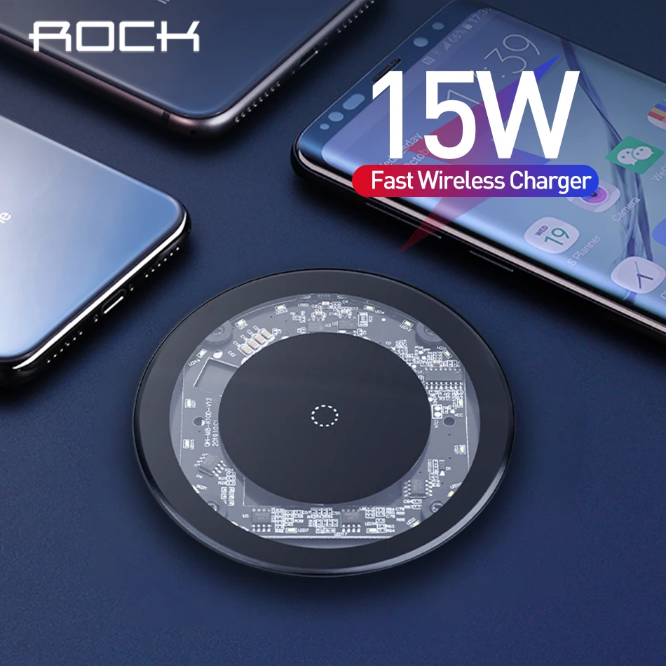 Быстрое беспроводное зарядное устройство ROCK QI 15 Вт для iPhone 8 Plus X XR XS Max 11 видимая
