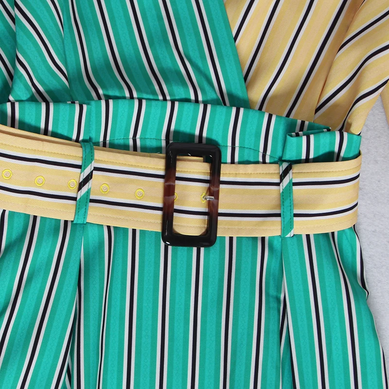 TWOTWINSTYLE Striped The Dress Women V Neck Lantern Sleeve High Waist Sashes Tunic Hit Color Midi Dresses Female Fashion