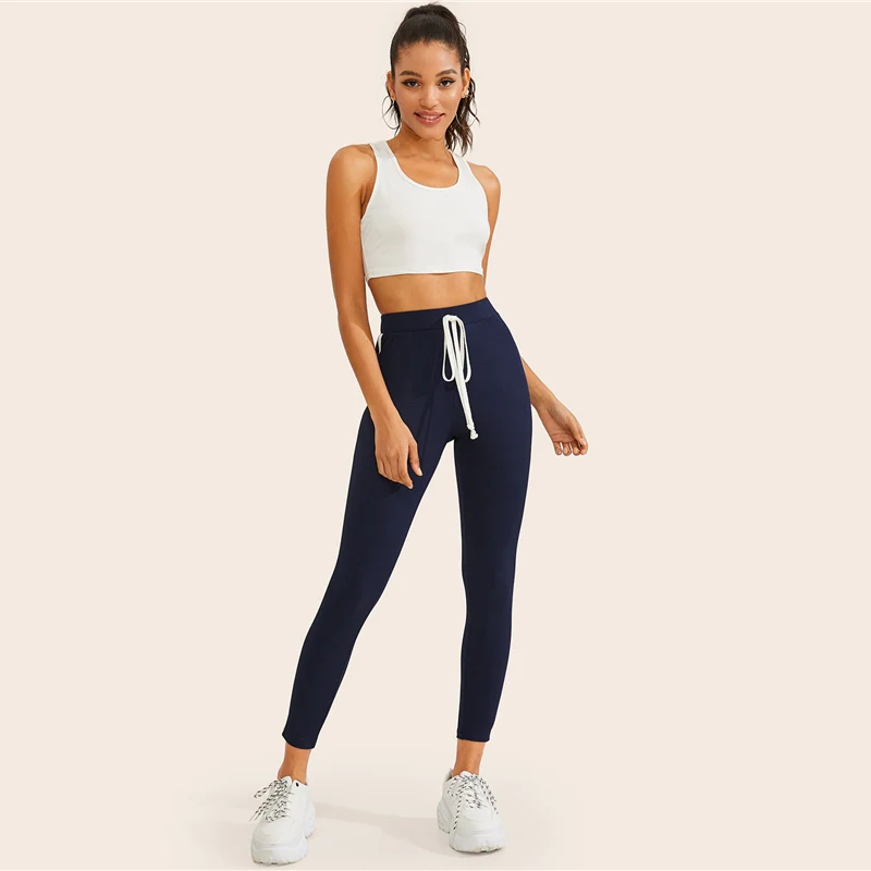 SweatyRocks темно-синяя лента для талии с завязками боковые леггинсы для активного отдыха женские облегающие эластичные леггинсы повседневные легинсы для легкой атлетики