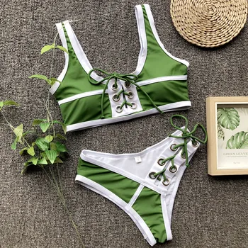 

Splicing Sport Style Bandage Bikinis Women Lace Up Push Up Bikini Set Strappy Swimwear Swimsuit Bathing Suits Maillot De Bain