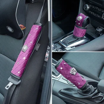 

3PCS/set Car Handbrake Cover Gear Knob Shifter Cover Auto Car Hand Brake Seat Belt Cover Pink/Purple