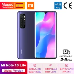 Глобальная версия Xiaomi Mi Note 10 Lite мобильный телефон 64 Гб/128 Гб 64 мп Quad Cams 6,47 ''изогнутый AMOLED экран 5260 мАч 30 Вт Быстрая зарядка