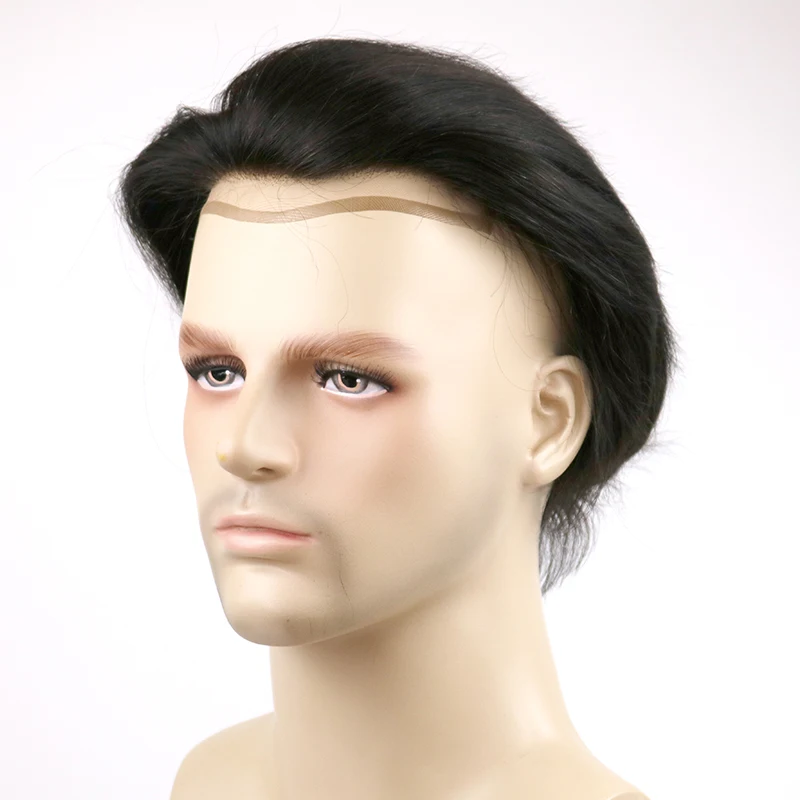 6 дюймов прямые мужские парики Frence Lace and PU Toupee Jet Black #1 бразильские натуральные