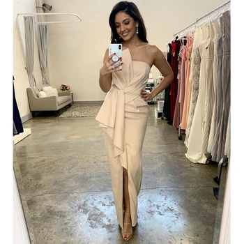 

2021 Nude Strapless Long Evening Dress Ruffles Pleat Satin Slit Mermaid Sexy Wedding Guests Formal Occasion Party Prom Gowns New