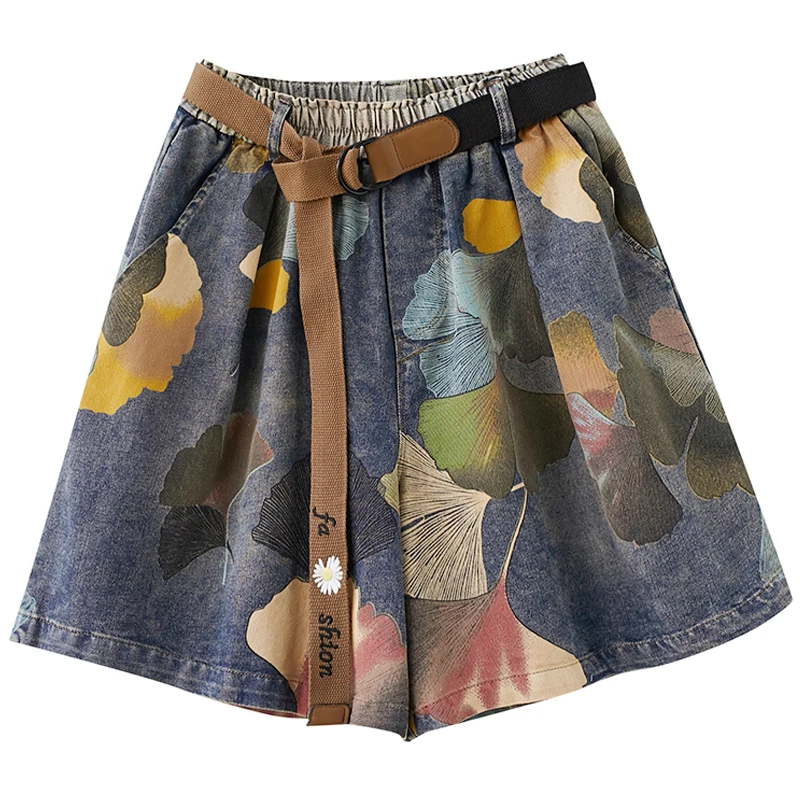 Women Oversize Denim Short Floral Print Vintage Wide Leg Jean Shorts Office Lady Casual Trendy Streetwear Elastic Waist Shorts