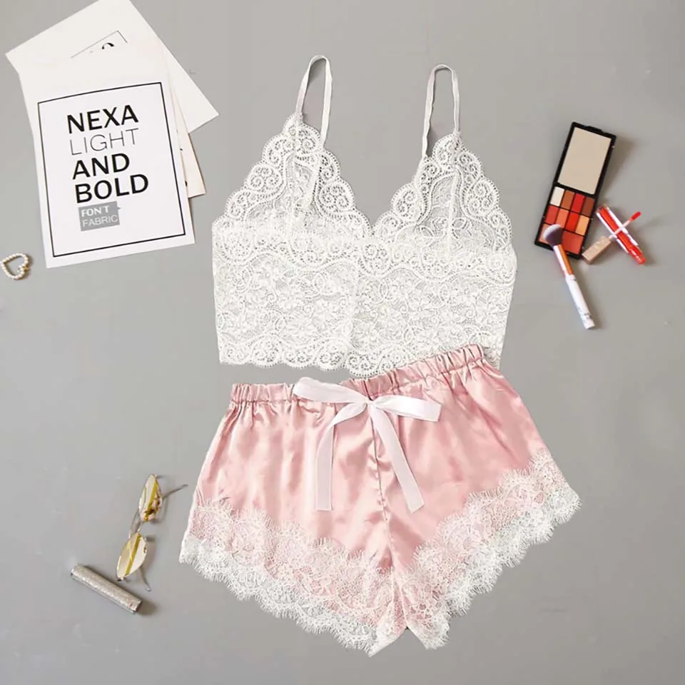 Light Pink Сексуальное женское белье, шелковое кружевное ночное белье, комплект нижнего белья, сексуальный комплект для девочек, модное кружевное белье, соблазнительные пижамы - Цвет: Light Pink
