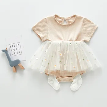 

3461 Baby Girl's Clothes for Summer Short Sleeve Elegant Skirt With Fart Small Flower Mesh Skirt Rompers