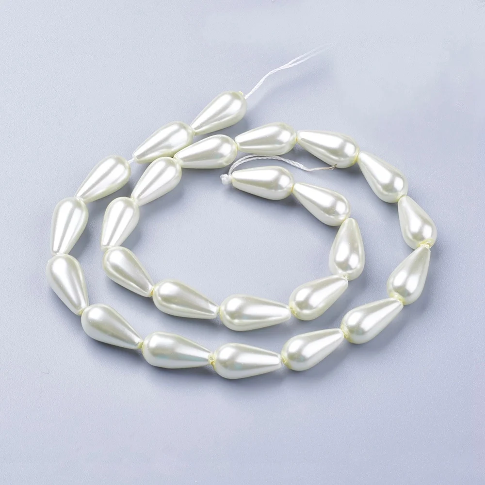 10 Strand FloralWhite Painted Drop Shape Glass Pearl Beads for jewelry making 16x8mm, Hole: 1mm; about 24pcs/strand F60