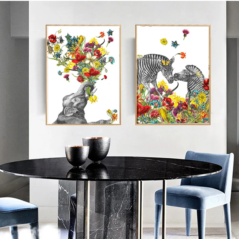 

Modern Abstract Animal Oil Painting Elephant and Zebra With Flowers Wall Art Pictures For Living Room Canvas Poster Prints