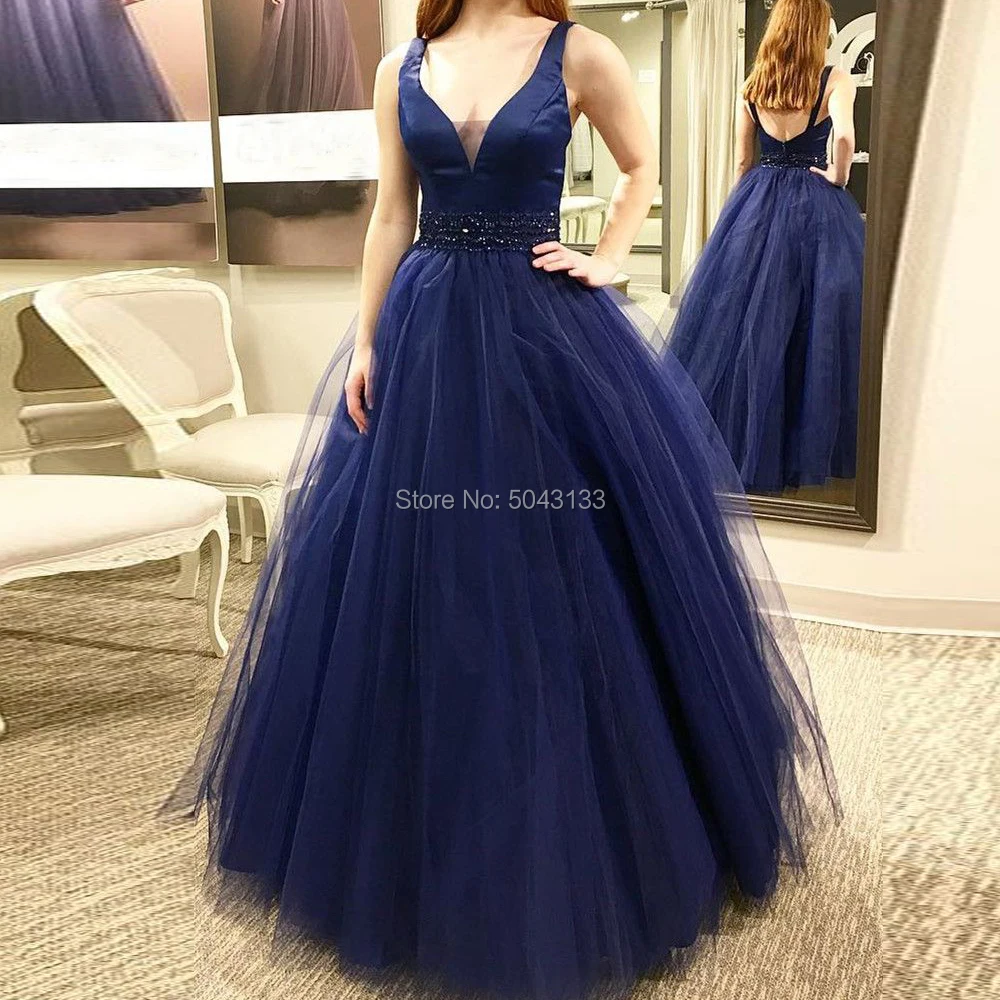 

Navy Blue Long Prom Dresses with Beaded Sash 2020 V Neck Off Shoulder Floor Length Evening Gowns Sleeveless Backless Party Dress