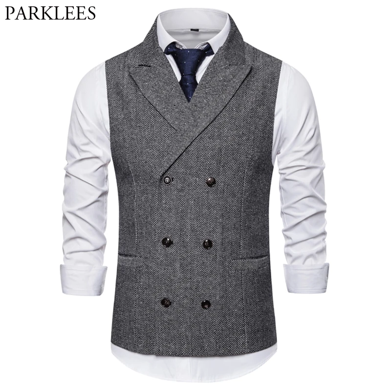 

Fashion Tweed Double Breasted Suit Vest Men 2020 Brand Peak Lapel Mens Tuxedo Vest Business Wedding Dress Waistcoat Gilet Homme