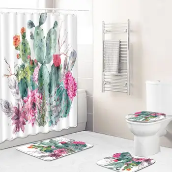 

Succulent Plants Pattern Shower Curtain + Floor Mat +Toilet Seat Cover+ Foot Pad Set