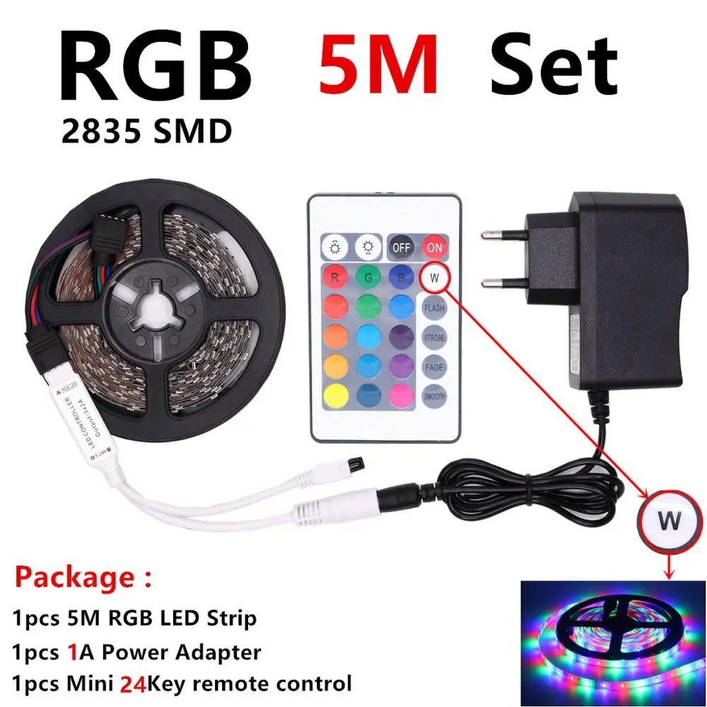 

2835 5M RGB LED Strip Waterproof DC12V Fita LED Light Strip Flexible Tape Ledstrip With Controller and Adapter Neon LED 12V